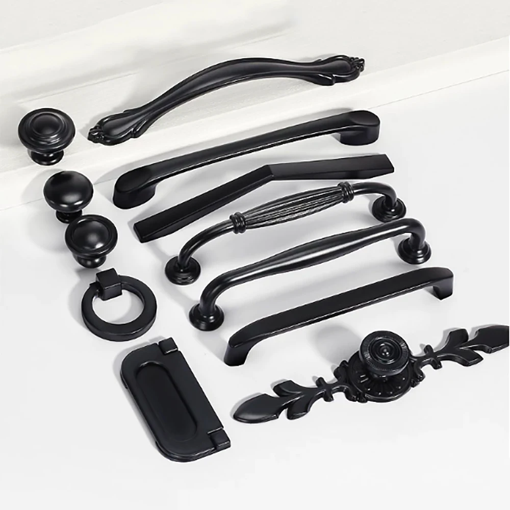 1Pcs Black Door Handle Kitchen Storage Cabinet Drawer Handle Furniture Hardware Cabinet Handle Aluminum Alloy Single/Double Hole