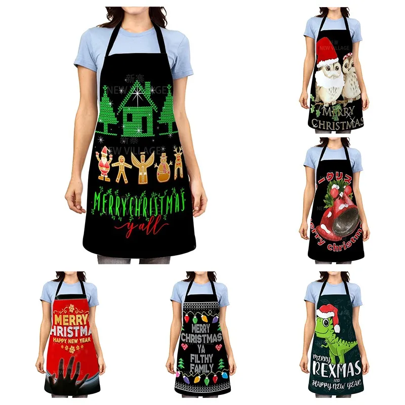 Merry Christmas Apron Red Grid Elk Kitchen Cooking Apron Women Baking Waist Bib Christmas Decorations for Home Cleaning Apron