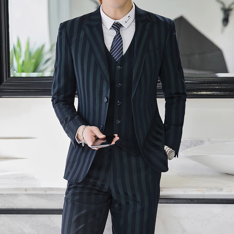 ( Blazer + Vest + Pants ) British Style Green Stripe Suit Groom Wedding Dress Men\'s Business Casual Formal Work Slim Suit