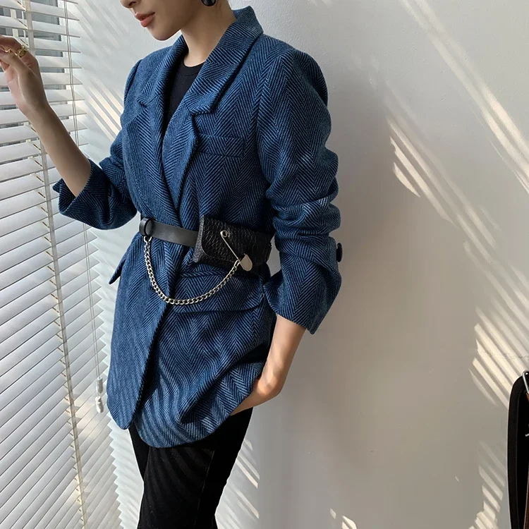 New Woolen Coat Women Elegant Thick Blue Suit Blazer Jacket 2024 Autumn Winter Office Lady Outwear Female Fashion