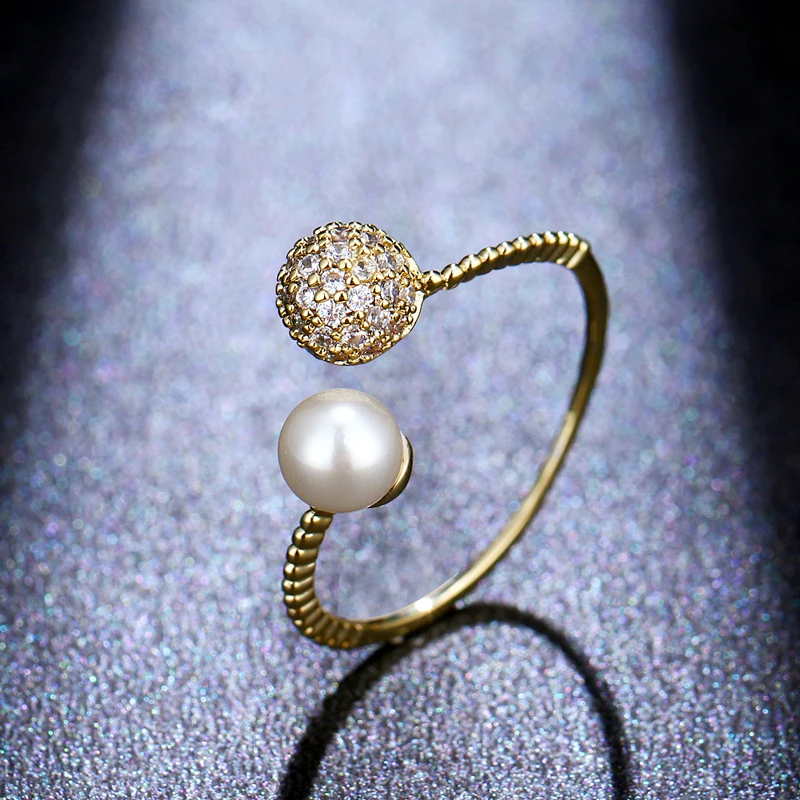 SUGO موضة جديدة رائعة لون ذهبي لؤلؤي مع مجموعة صغيرة من أحجار الراين خواتم مفتوحة للنساء الأنيقات هدية عيد ميلاد جميلة #2