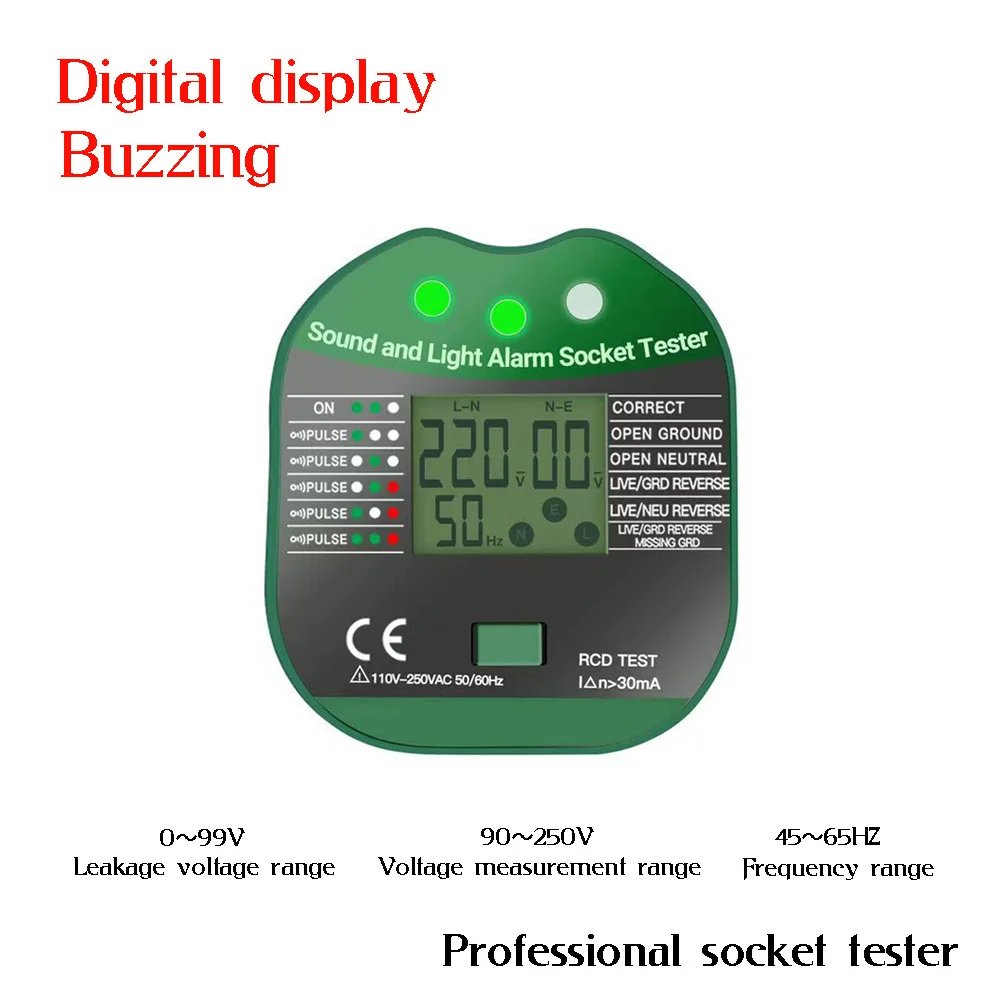 HYC108 Digital Display Buzzing Socket Tester Voltage RCD Test Smart Detector Ground Zero Line Polarity Phase Check EU US UK Plug