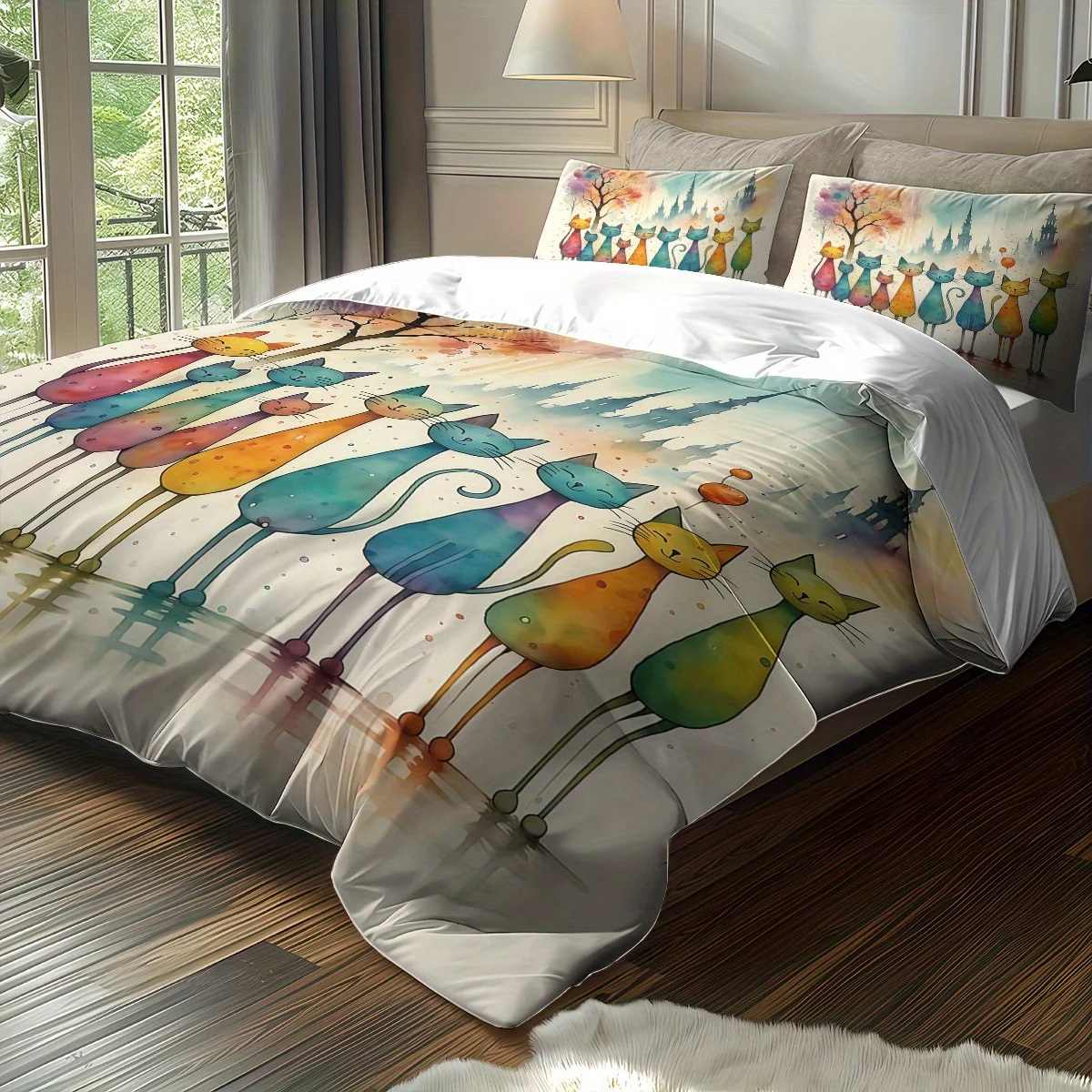 Cute Watercolor Cat Duvet Cover Set Multi Size Quilt Cover Queen Size Bedroom Bedding Decoration Machine Washable Bed Sheet Quilt Cover