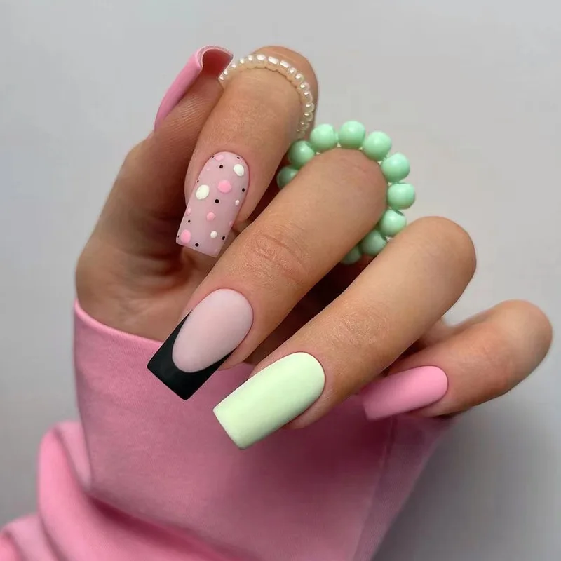 

3D short fake nails set faux ongles for spring summer season pink green design french tips manicure press on false acrylic nail