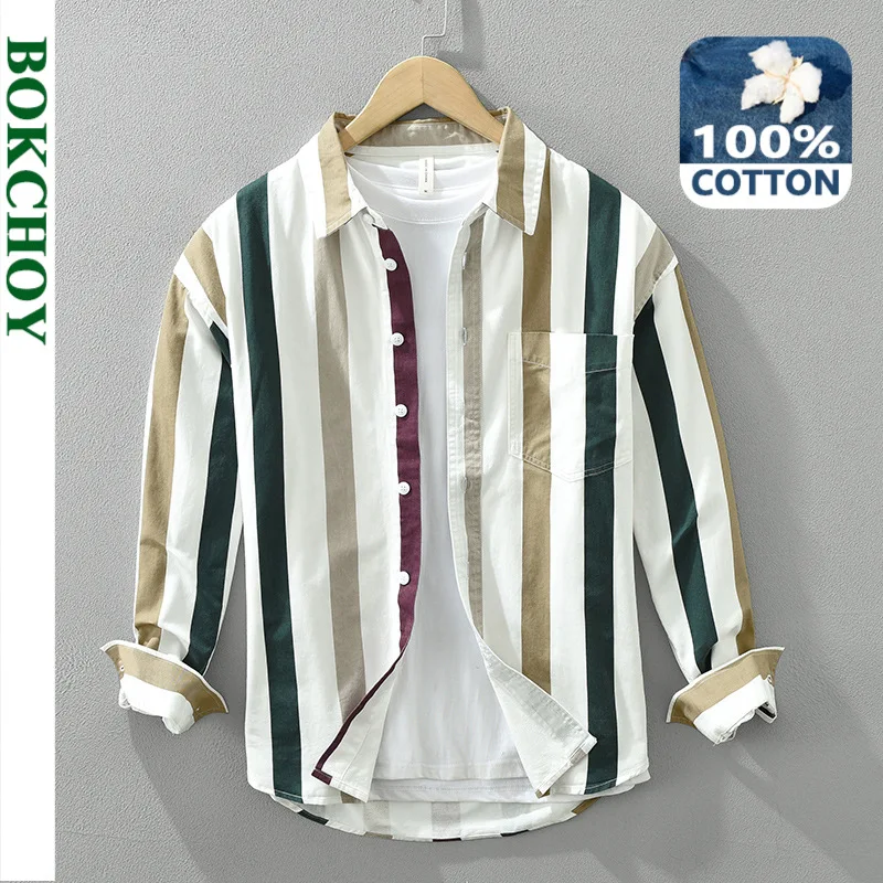 2024 Spring New Casual Striped 100% Cotton Long Sleeve Shirts for Men Clothing Simple Fresh Turn-down Collar Soft CM7220