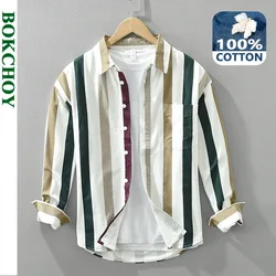 Camisas casuais de manga comprida listrada para homens, 100% algodão, gola simples e fresca virada para baixo, roupa macia, nova, primavera, CM7220, 2022