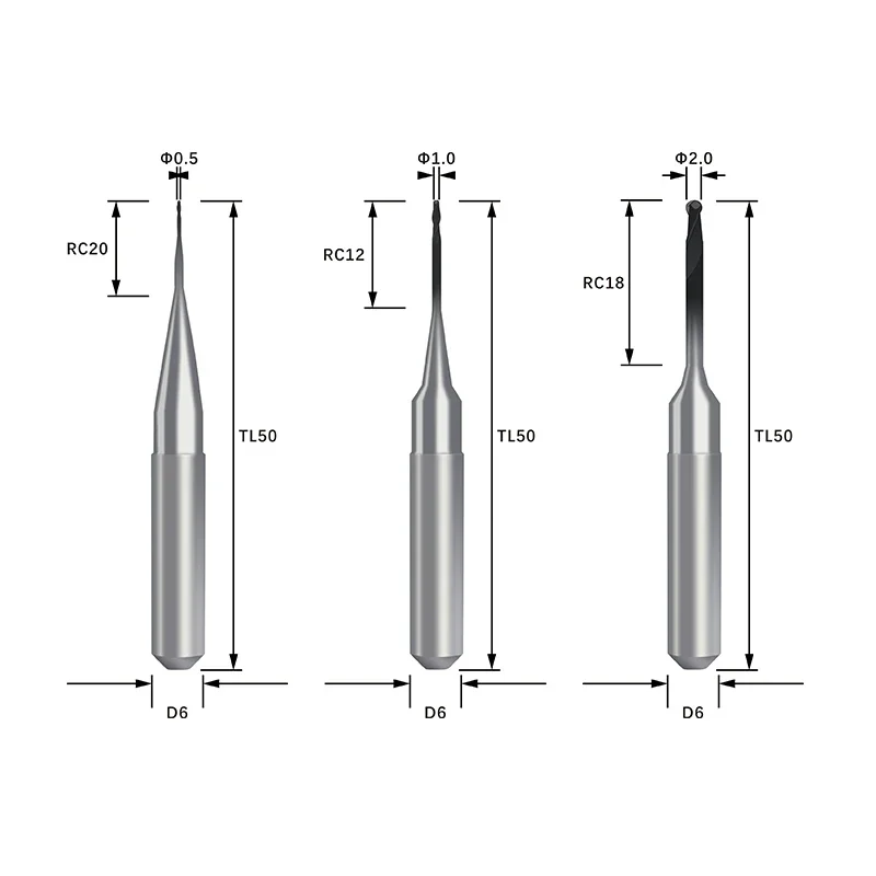 ทันตกรรมมิลลิ่ง Burs สําหรับ Zirkon Zahn บด Zirconia Shank 6 CVD/DLC เคลือบเจาะเส้นผ่านศูนย์กลาง 2.0/1.0/0.5 มม.