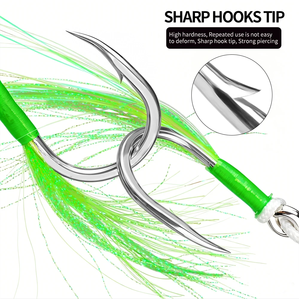 PROBEROS 2 Stück/Beutel Hochsee-Angelhaken mit Doppelhaken, Flash-Feather-Design, Robuste Widerhaken-Jighaken für Salzwasser-Angelausrüstung – Detail 7