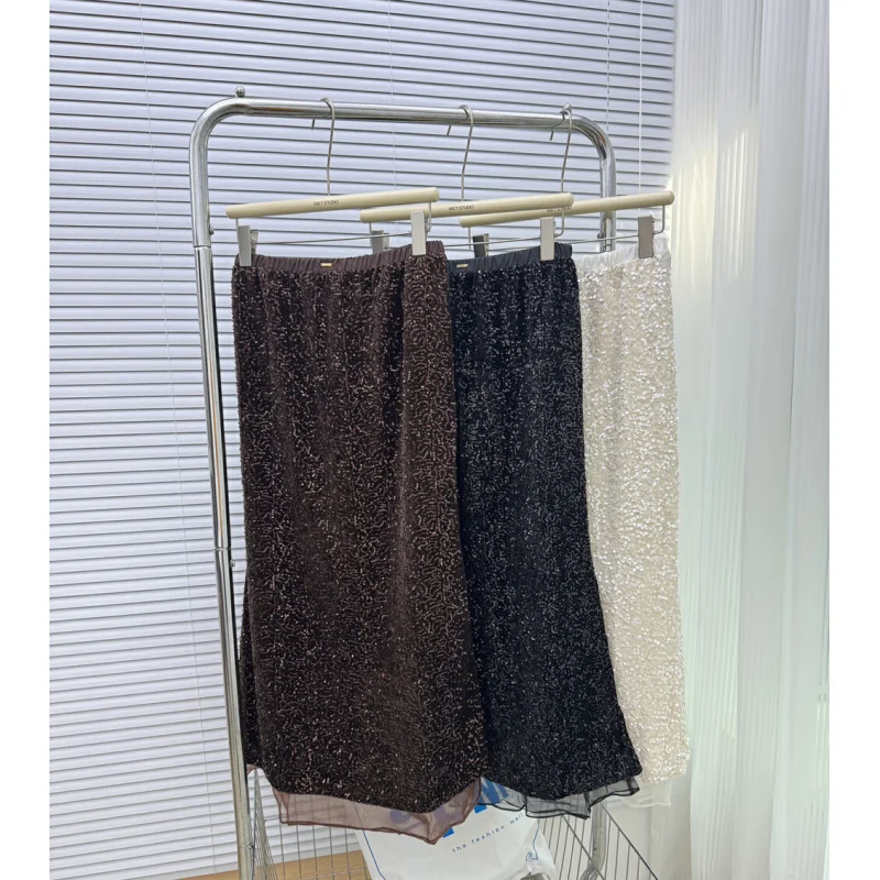 Real Shot Early Autumn New Velvet Heavy Sequin Fishtail Skirt Women Elastic Waist Patchwork Organza Half Skirt