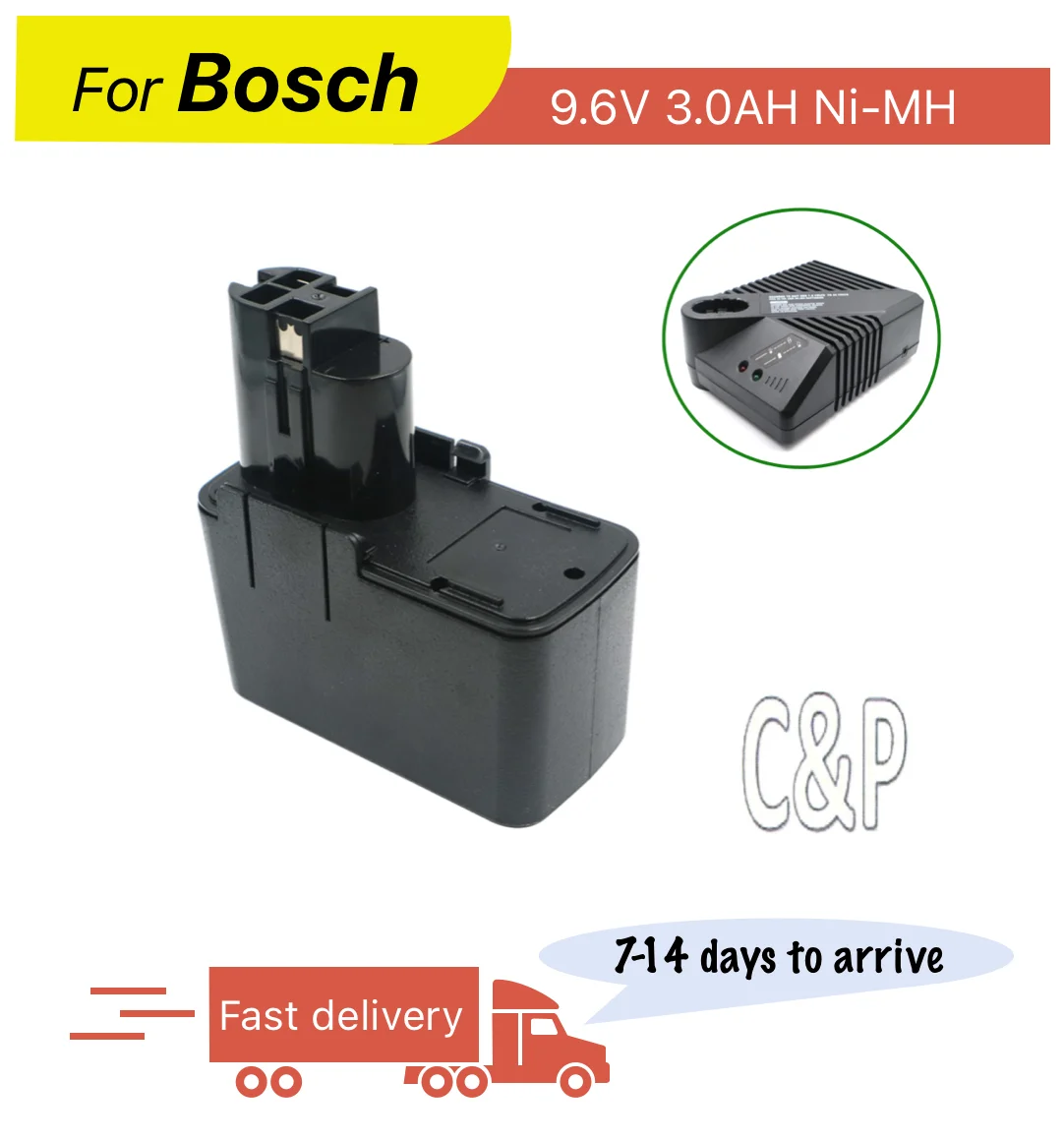 Batteria di ricambio C&P per Bosch 9.6V 3.0AH Ni-MH, compatibile con 2607335035 2607335037 2607335072 2607335089 2607335109 BH-974H