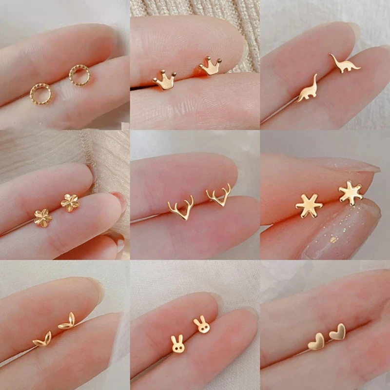 A Pair 925 Silver Needles Mini Stud Earrings for Women Heart Star Butterfly Dinosaur for Teens Simple Ear Piercing Jewelry