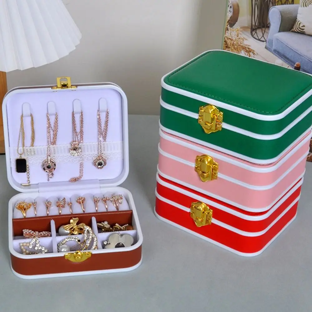 PU Leather Lockable Jewelry Box Double Layer Lockable Travel Jewelry Organizer Portable Vintage Jewelry Storage Case Women