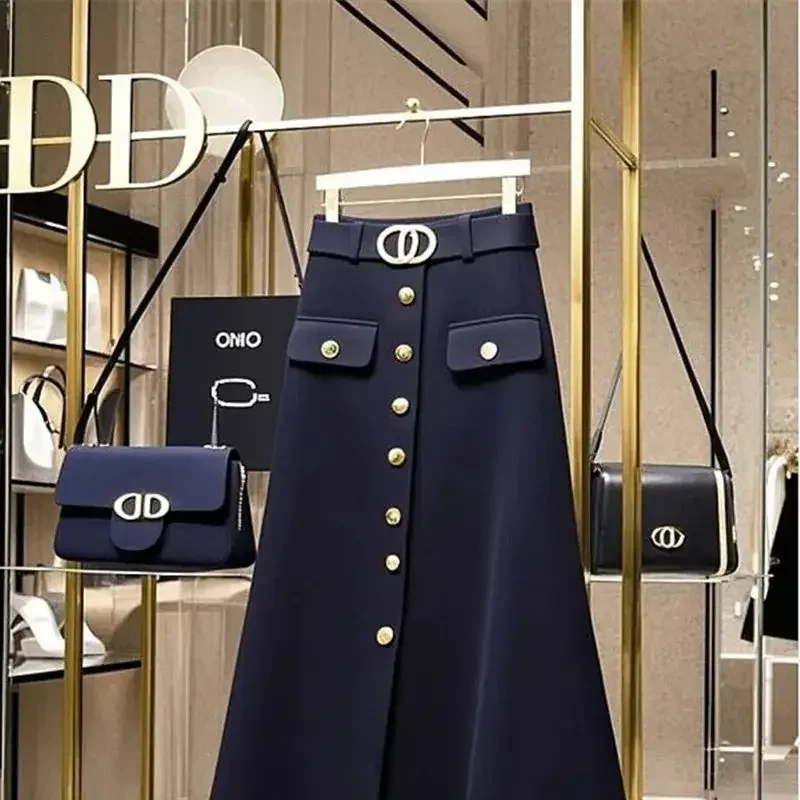 New Elegant Fashion Woolen Skirt Women High Quality High Waist Single Breasted Loose A-Line Solid Color Midi Skirts Office Lady