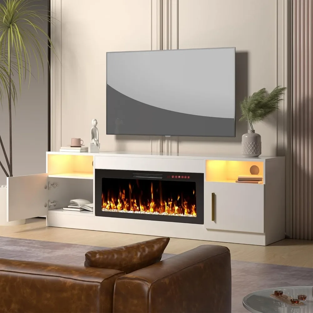 70 حامل تلفزيون مدفأة كهربائية بيضاء حديثة مع مركز ترفيه LED لغرفة المعيشة