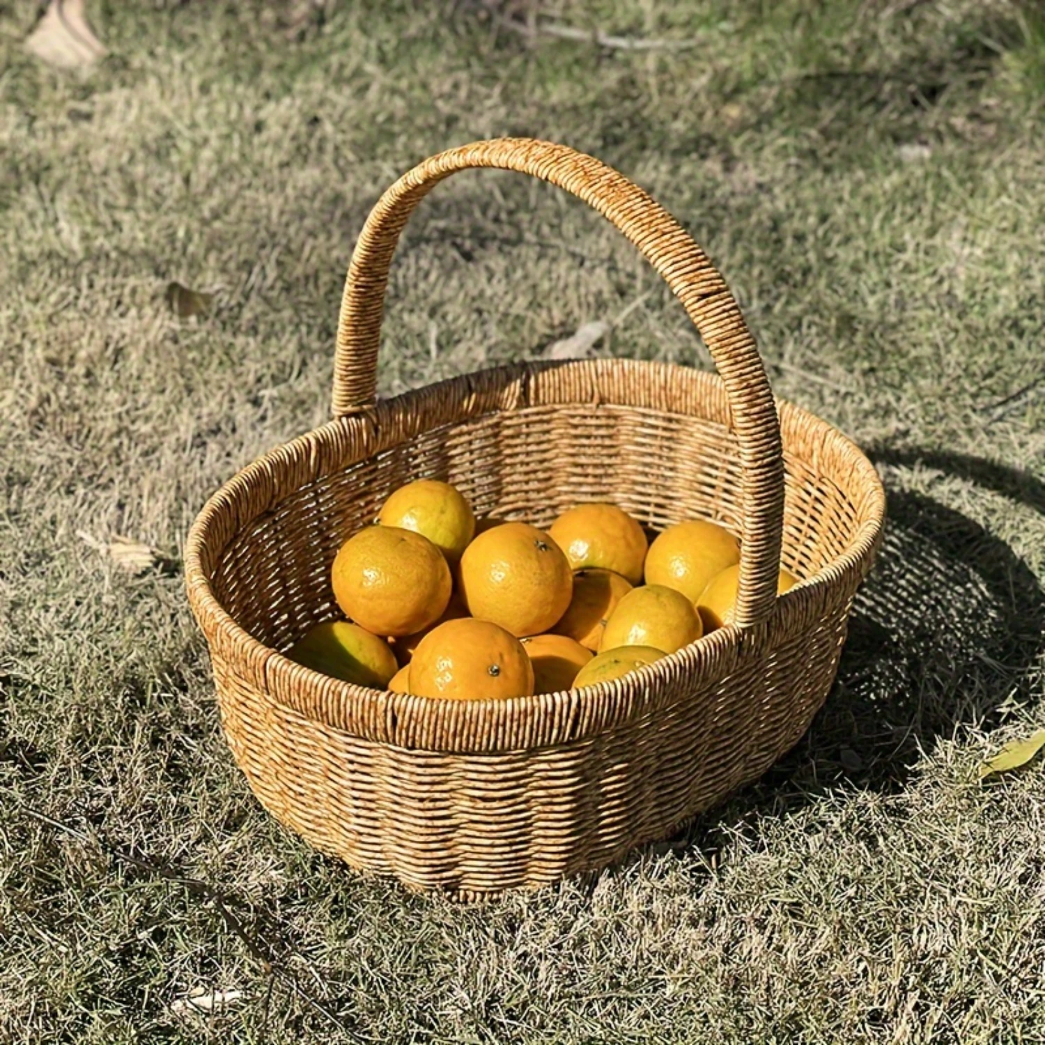 Japanese Style Hand-Woven Iron Frame Picnic Basket with Handle, Large Size Shopping Basket for Grocery, Egg , and Fruit Basket