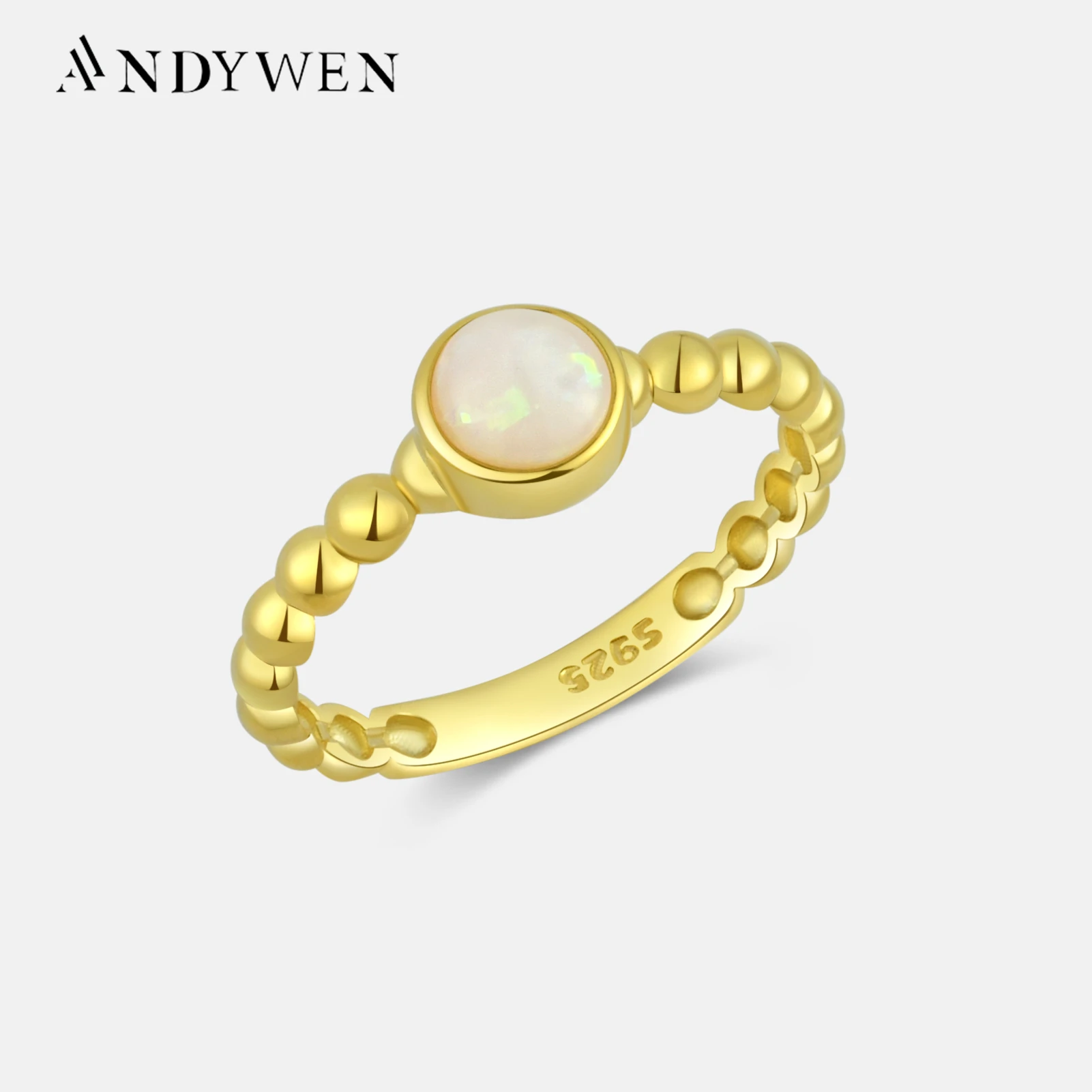 ANDYWEN New 925 Sterling Silver Size 5 to 9 Round Opal Beads Ring Women Luxury Party Fine Jewels Rock Punk Party Jewels