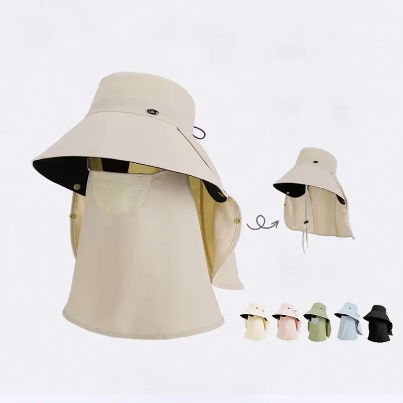 Damen UV-Schutz Sonnenhut mit Abnehmbarer Gesichtsabdeckung & Nackenschutz Sommer Breiter Krempe Bucket Hat