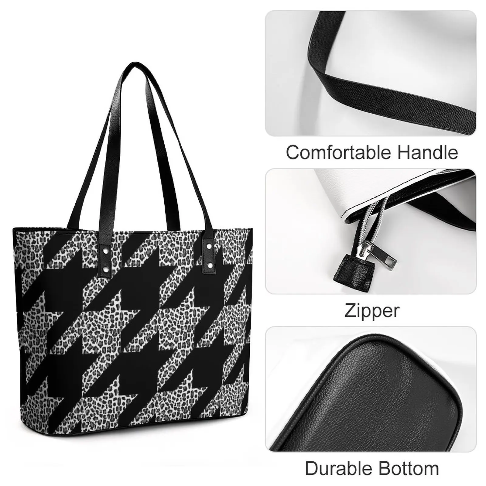 Imagem -03 - Houndstooth Bolsas Cheetah Impressão Couro do Plutônio Bolsa de Ombro Senhora ao ar Livre Designer Tote Bolsa de Compras Casual Preto