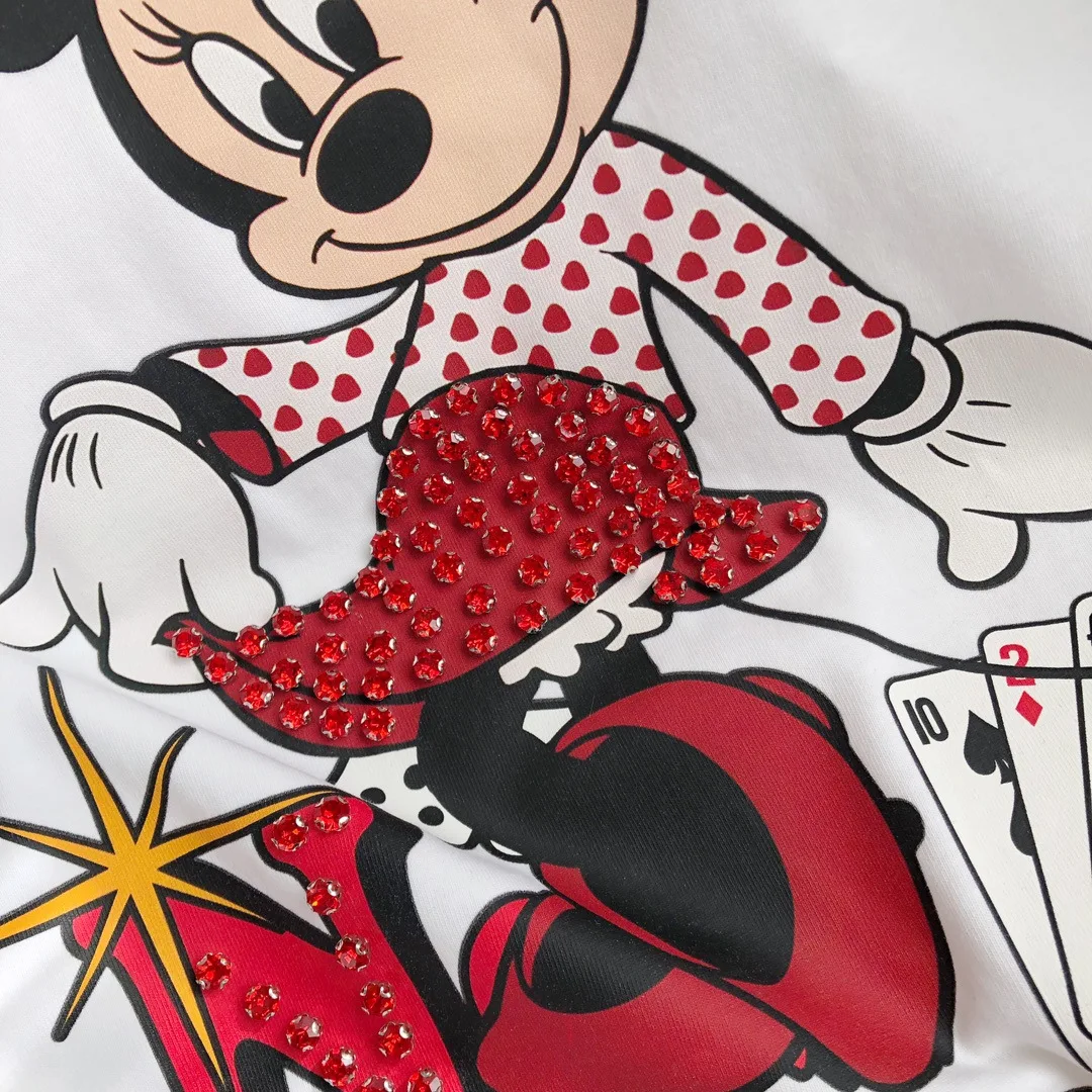 2025 New American Retro Casual Cartoon Letter Printing Heavy Industry Rhinestone Fashion Short-sleeved T-shirt Women Clothes