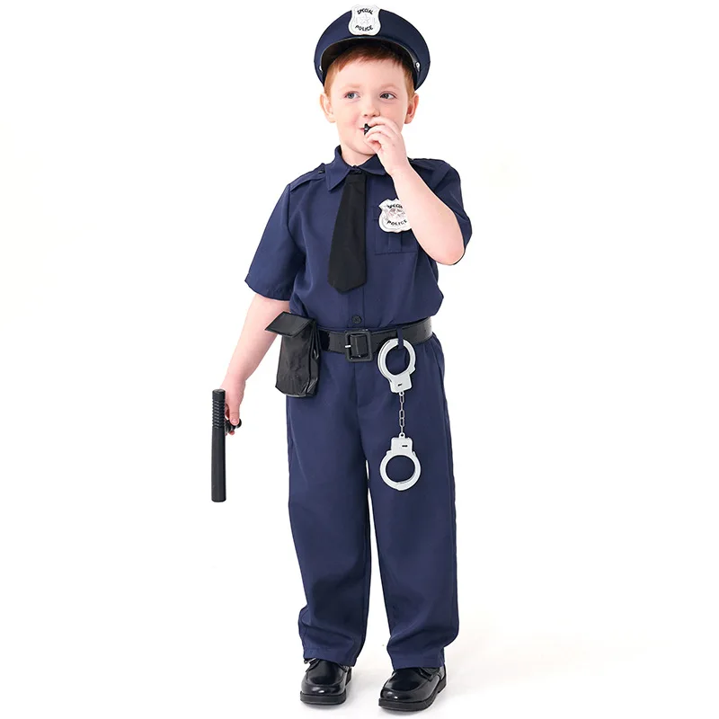 Blue Halloween Costume For Boys Police Officer Role Play Dress-up Outfit For Children Festival Party Costume