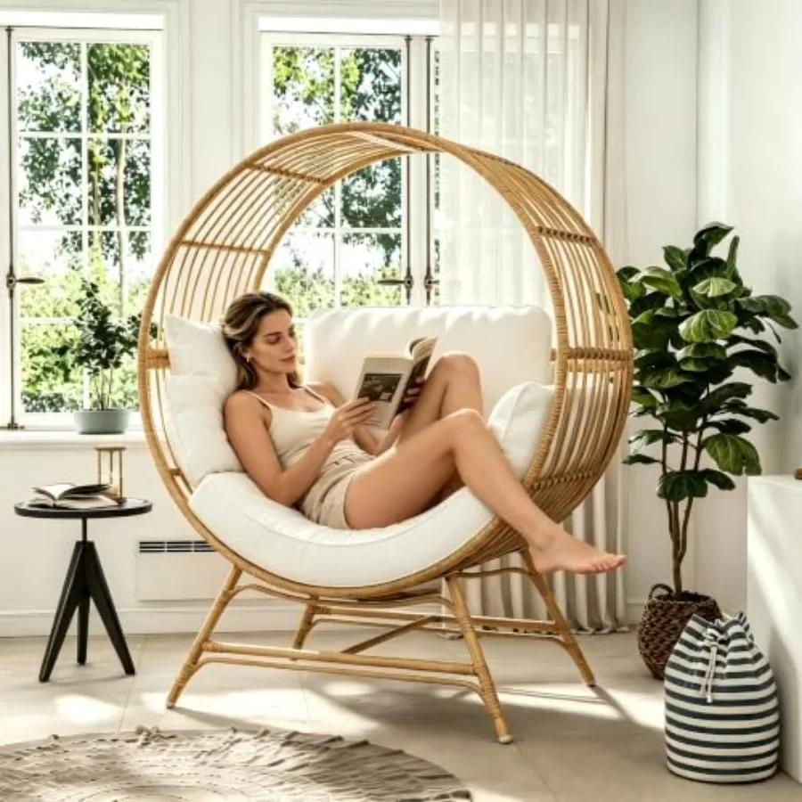 Indoor/Outdoor oversized egg chair for balcony, porch, living room, backyard; rattan wicker material, beige color, thickened cu