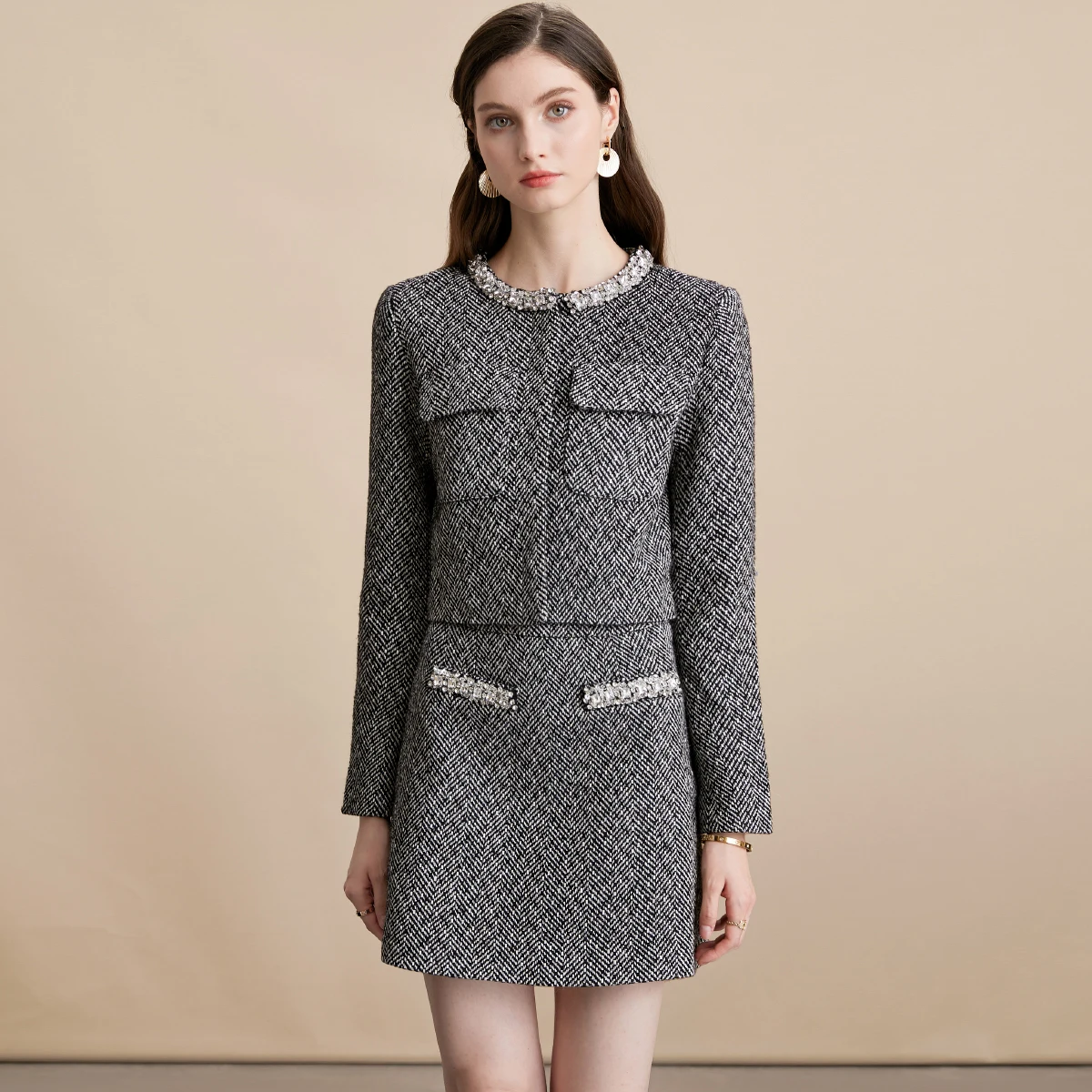 Zjyt elegante luxo diamantes tweed jaqueta e mini saia terno outono inverno das mulheres duas peças outfit 2025 novos conjuntos de vestido de festa