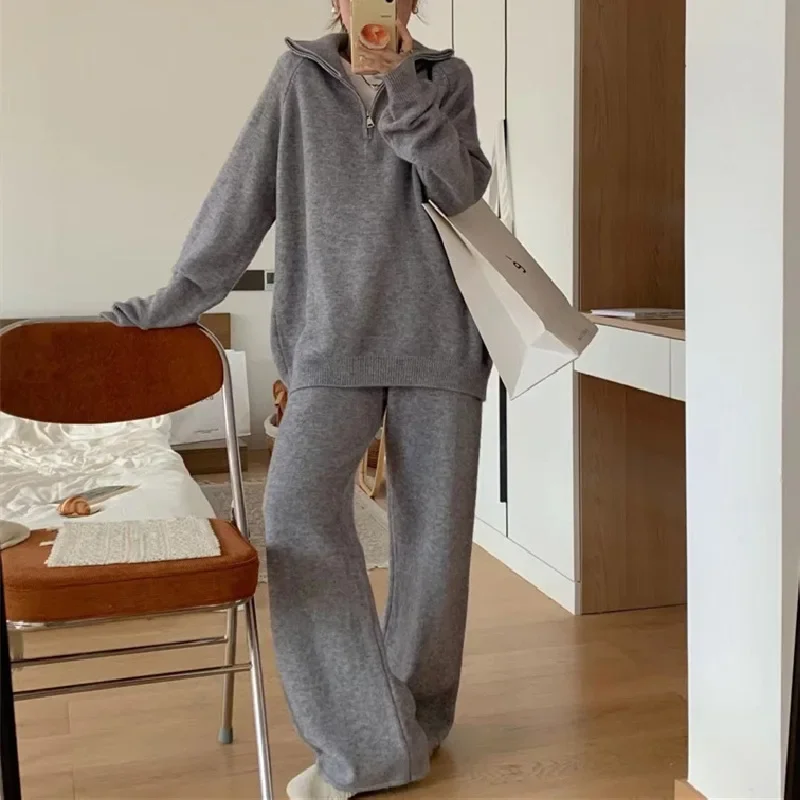 Autumn and Winter New Gentle Wind Knit Two-piece Set, Lapel Half-zipper Pullover Sweater+Casual Wide-leg Pants Loose Suit Women