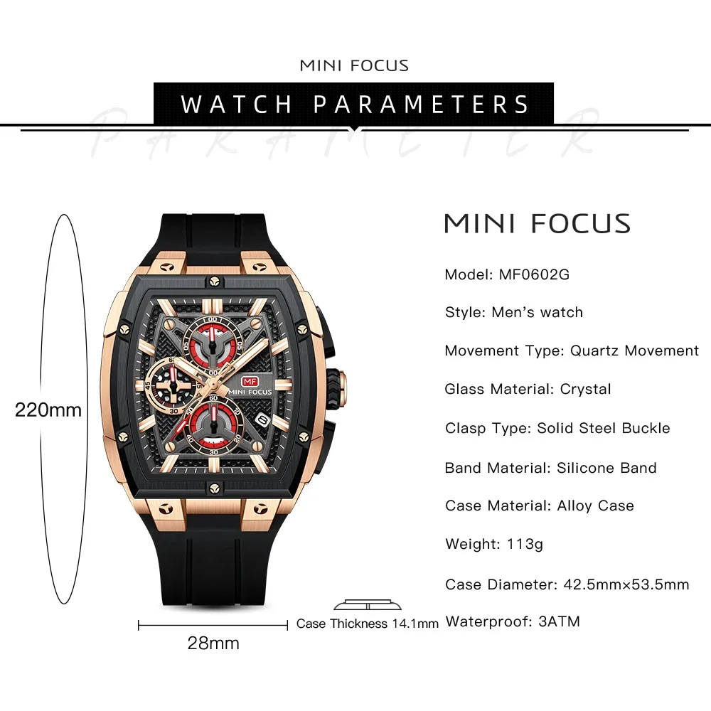 นาฬิกาข้อมือผู้ชาย MINI FOCUS 0602G สปอร์ต ควอตซ์ กันน้ำ พร้อมปฏิทิน เรืองแสง โครโนกราฟ