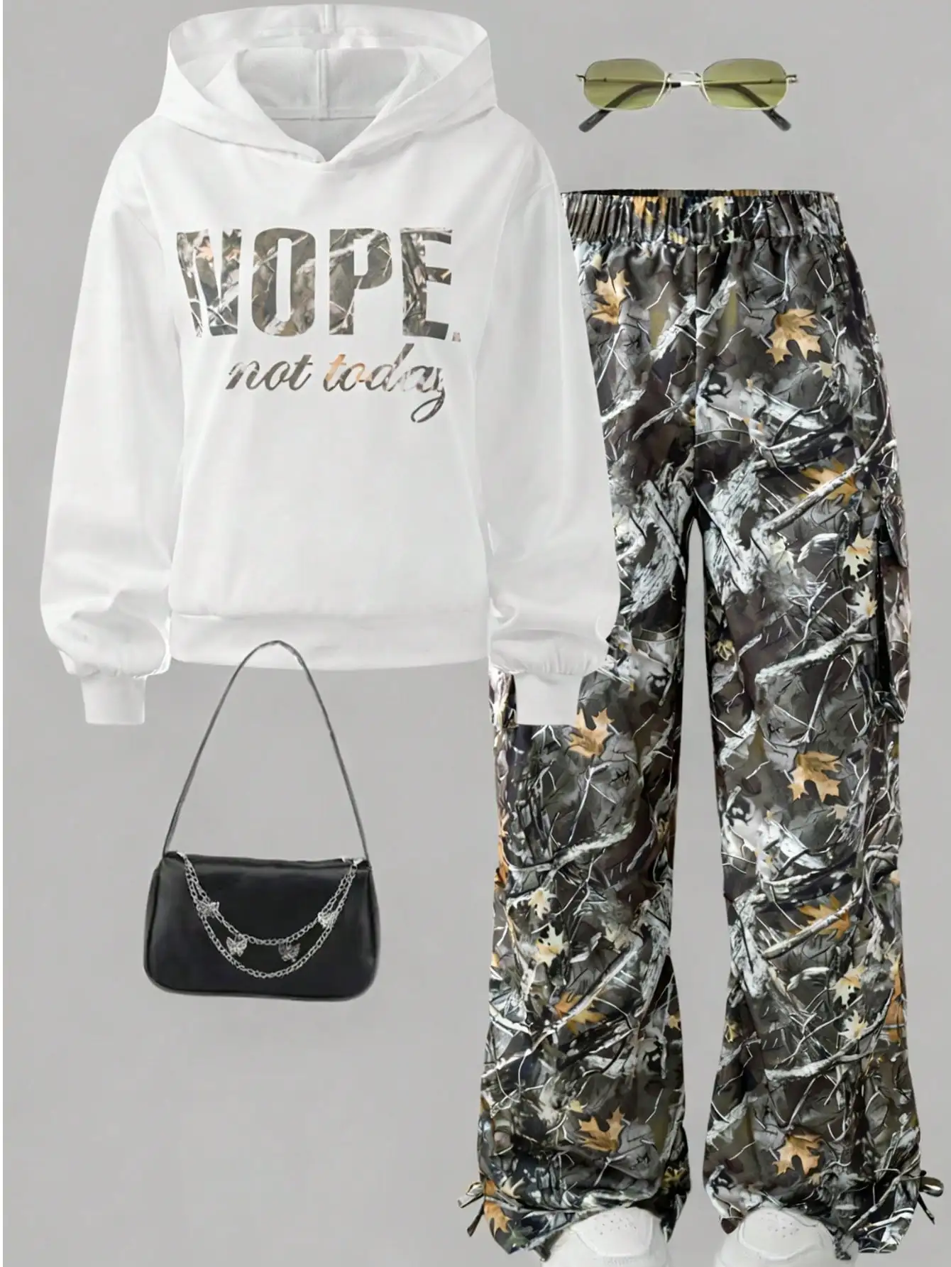 

Женский комплект из 2 предметов: толстовка с надписью «NOPE not today» и брюки-карго с камуфляжным принтом, повседневный уличный стиль
