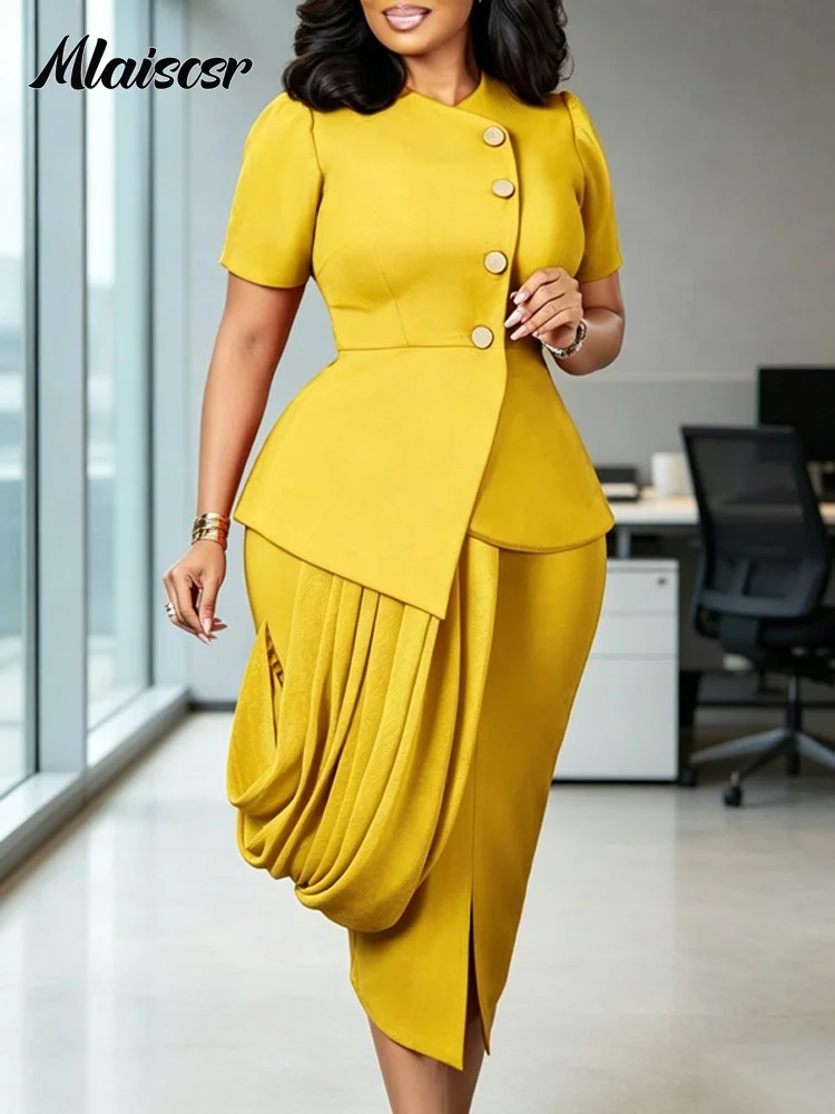 Ladies African Elegant Golden Yellow 2 Piece Skirt Set Short Sleeve Asymmetric Blazer Top Draped Midi Skirt Party Wedding Office