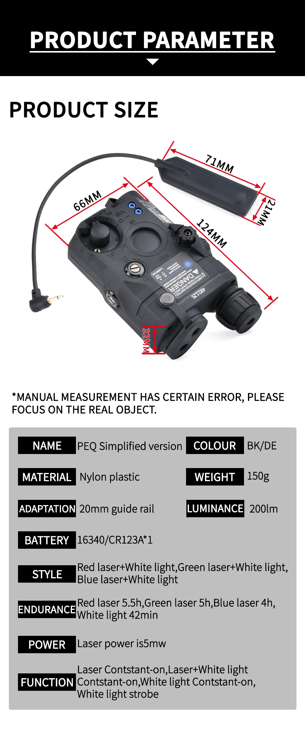 thumbnail image 2 of WADSN Tactical PEQ15 Laser Sight | Red Green Blue Dot & White Light Strobe For 20mm Picatinny Rail 2 of 3