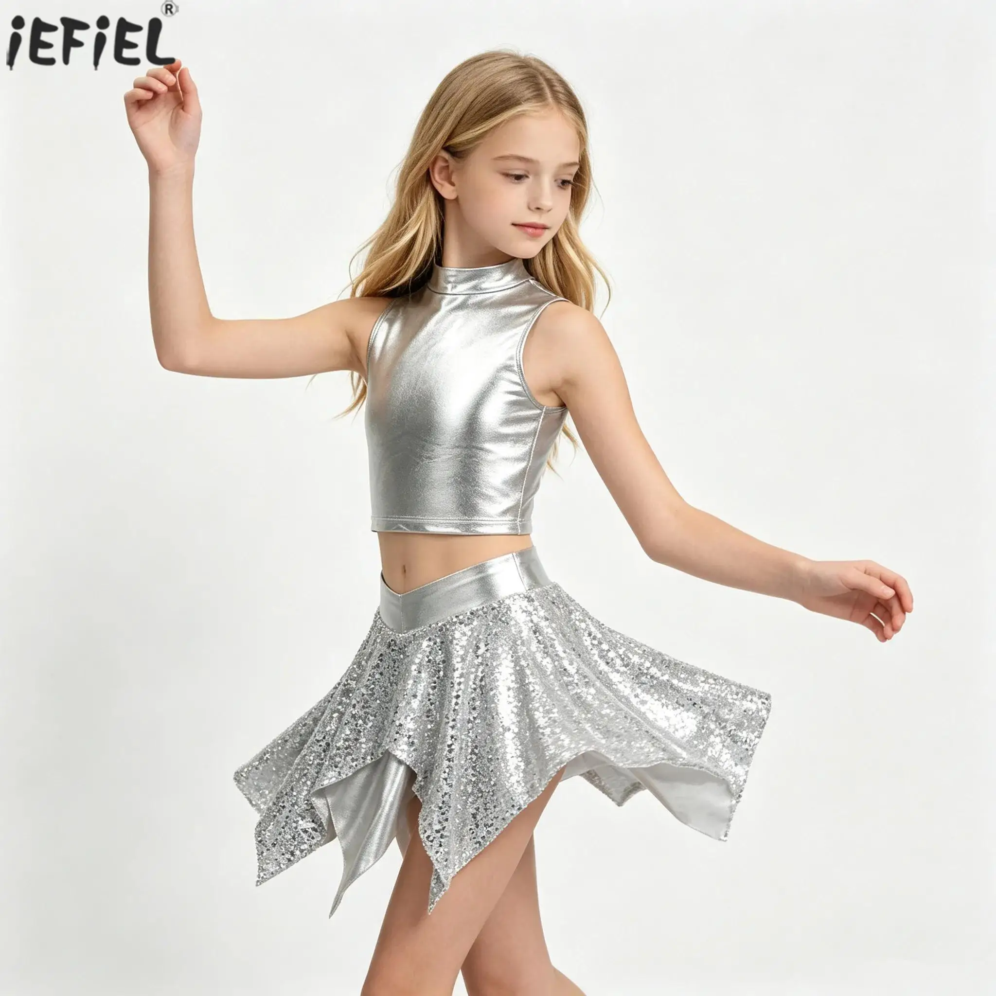 Kids Girls Hip Hop Jazz Dance Cheerleading Performance Costume Sleeveless Metallic Crop Tops with Shiny Sequins Asymmetric Skirt