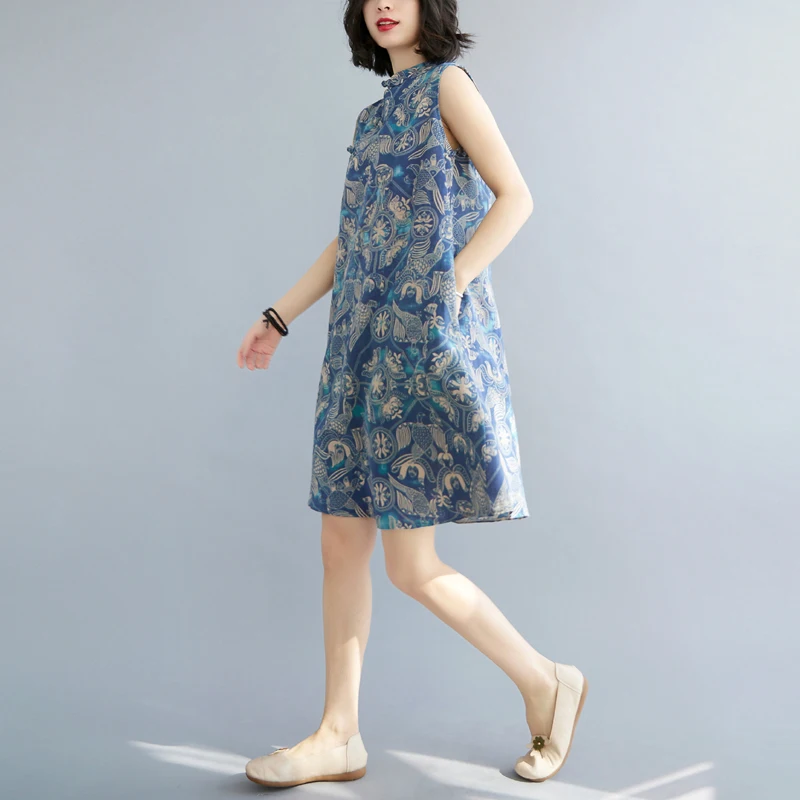 Décontracté mi-long Svel femmes Dr rétro Sle col montant t-shirt bouton motif abstrait trajet été Faion