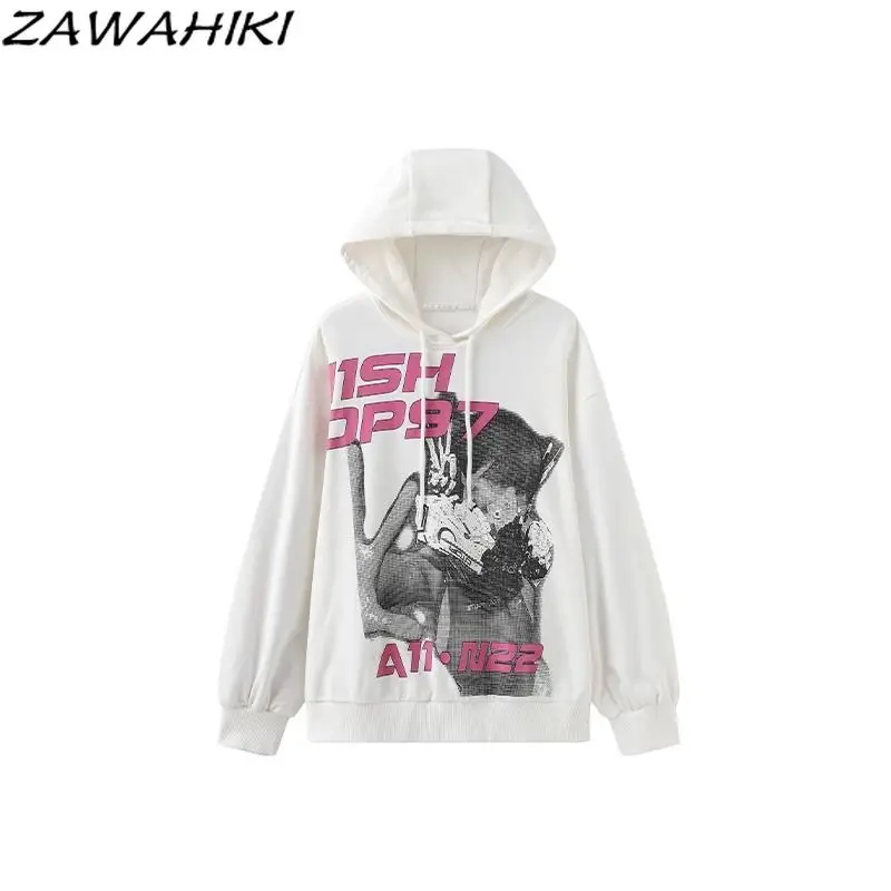 Hoodies Women American Retro Letter Grunge Graphic Print Fall Winter Y2K Top New Arrive Loose Oversize All Match Kpop Streetwear