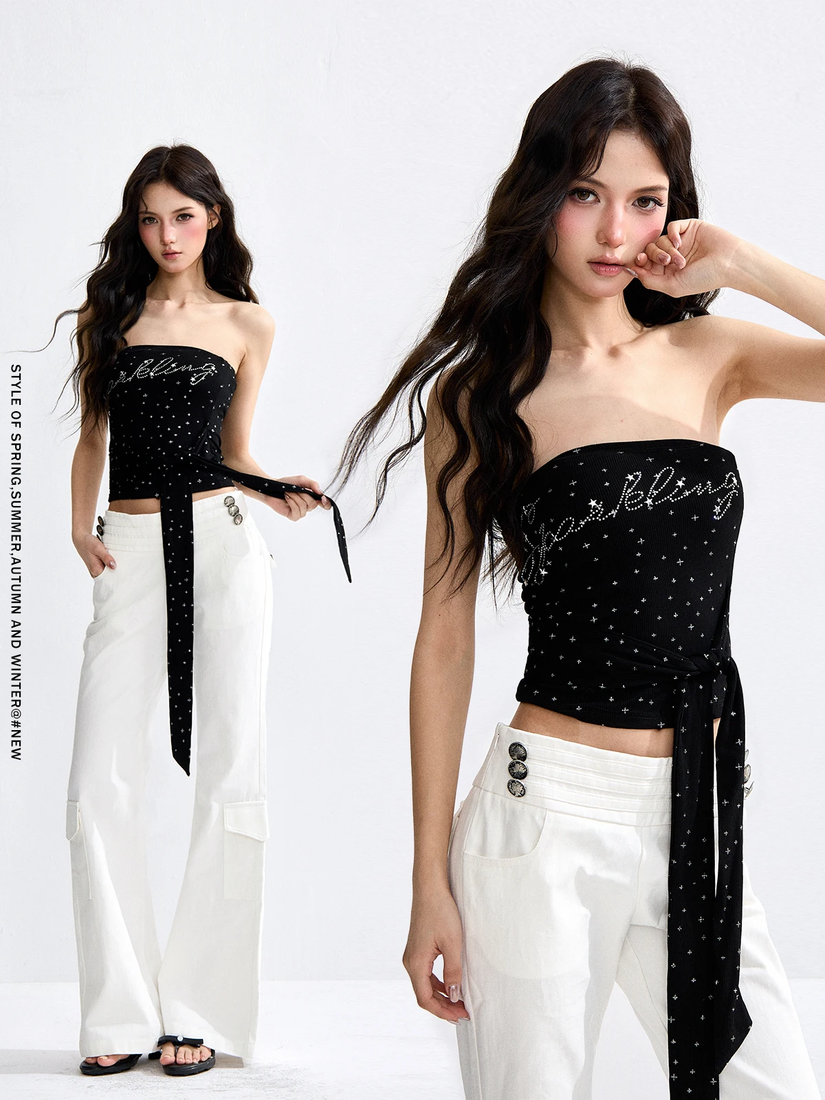 

Style Spicy Girl Tie-Detail Crop Top Women Summer American Rhinestone Black Design Sensation Strap Vest