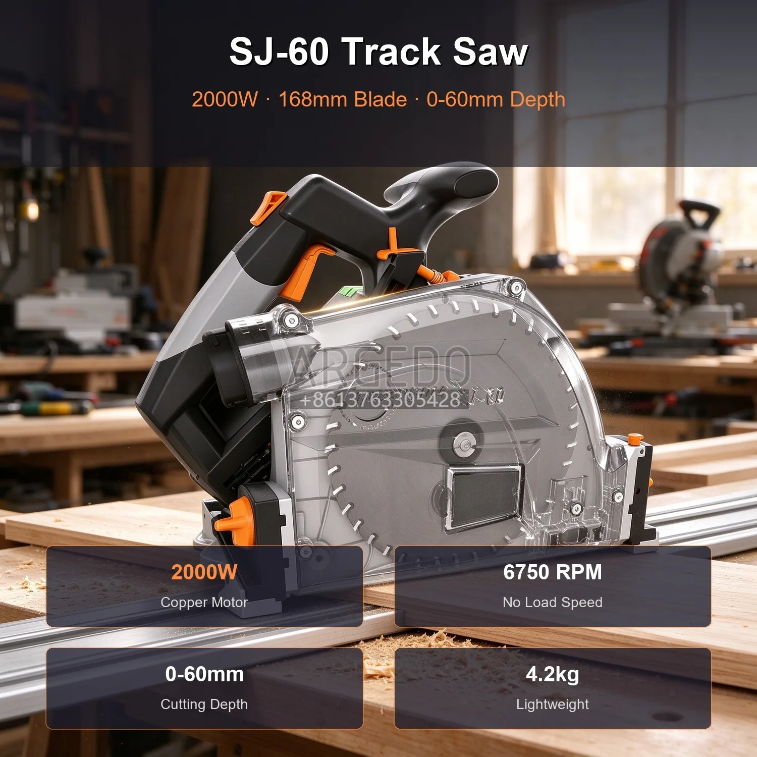 2000W 220V Track Saw 168mm Plunge Cut Saw with Aluminum Track 0-60mm Depth 0-45 Bevel Variable Speed Wood Cutting Tool