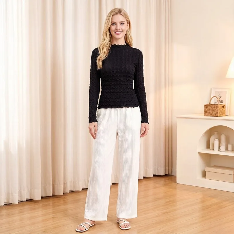 

Плиссированная блузка Miyake: новая коллекция весна-осень, приталенная, с круглым вырезом, длинными рукавами, белая, женская одежда