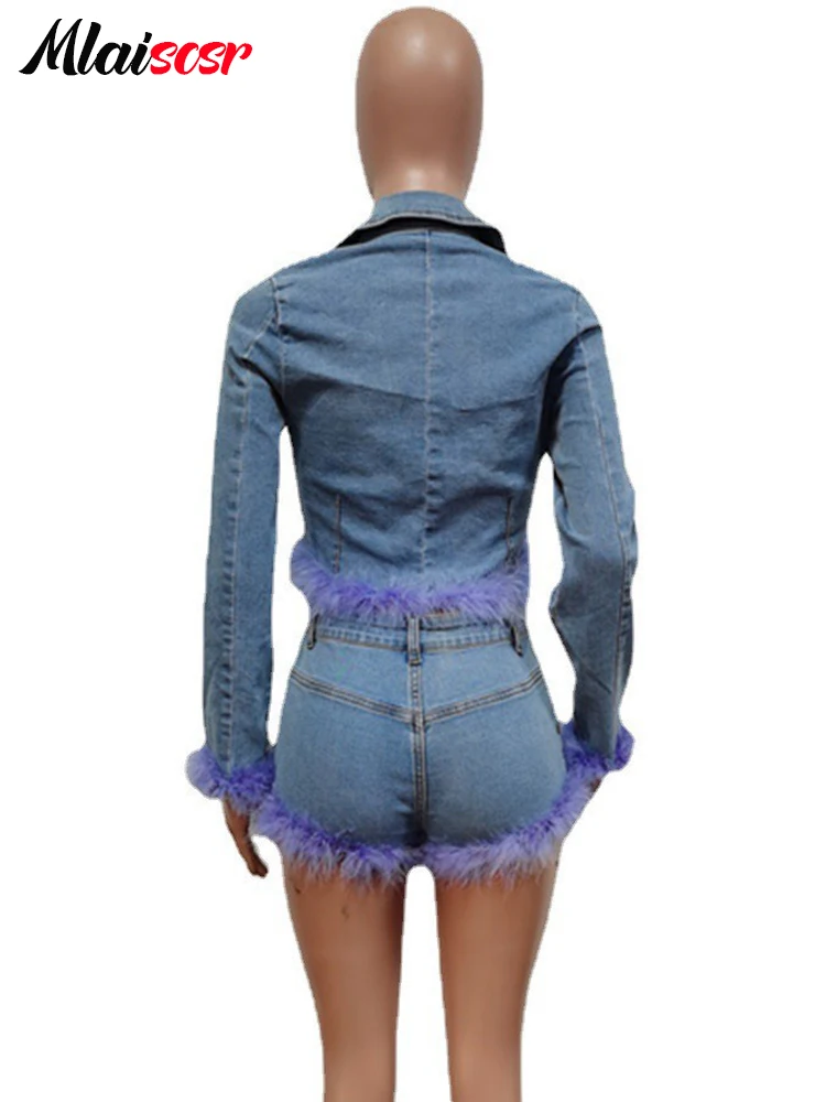 Mliscr-shorts jeans e jaqueta jeans azul para mulheres, conjuntos de calças de 2 peças, manga comprida, jean stretch de penas, roupas de clube de aniversário