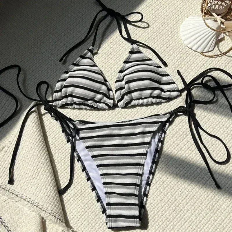 

Bikini Set Women Striped Block Color Swimwear Two-pieces Halter Lace Up Beachwear Female Thong Swimsuit Sexy Bathing Suit Women