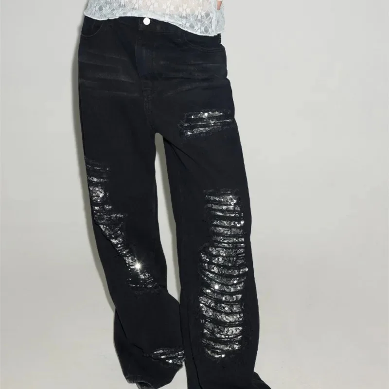 Niche Designer Style Fashionable Washed Sequined Ripped Jeans Men's and Women's Pants