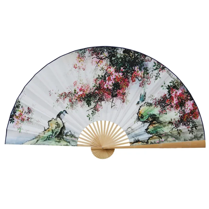 Large Folding Paper Fan Chinese Style Crafts Banboo Frame Background Decorative Fan Hanging  Decoration  Winter Jasmine Bird