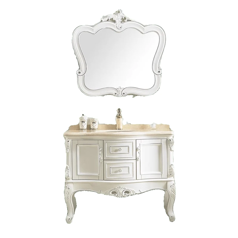 

European antique bathroom cabinet Oak solid wood floor-to-ceiling cabinet Marble double basin Red oak bathroom cabinet