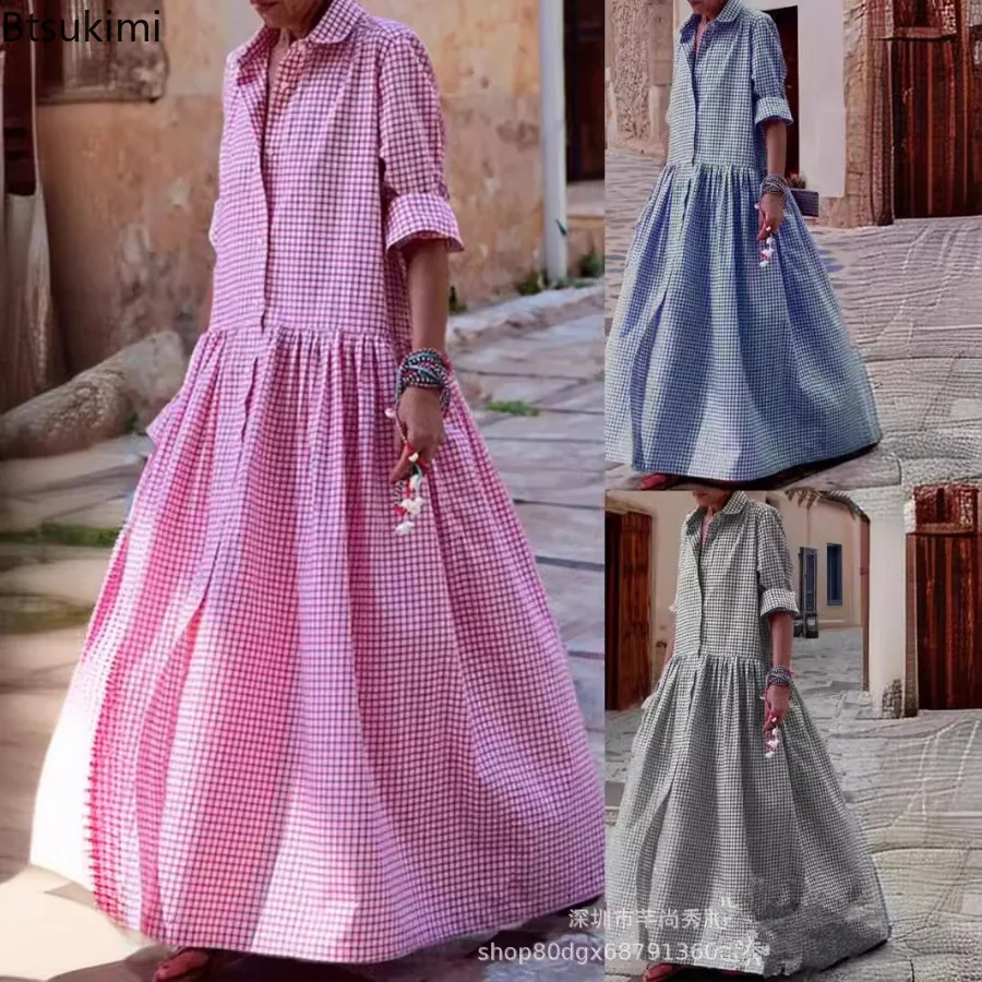 

New 2025 Spring and Summer Woman's Long Sleeve Loose Button Casual Maxi Dresses Fashion Plaid Pleated Lapel Shirts Dress Ladies