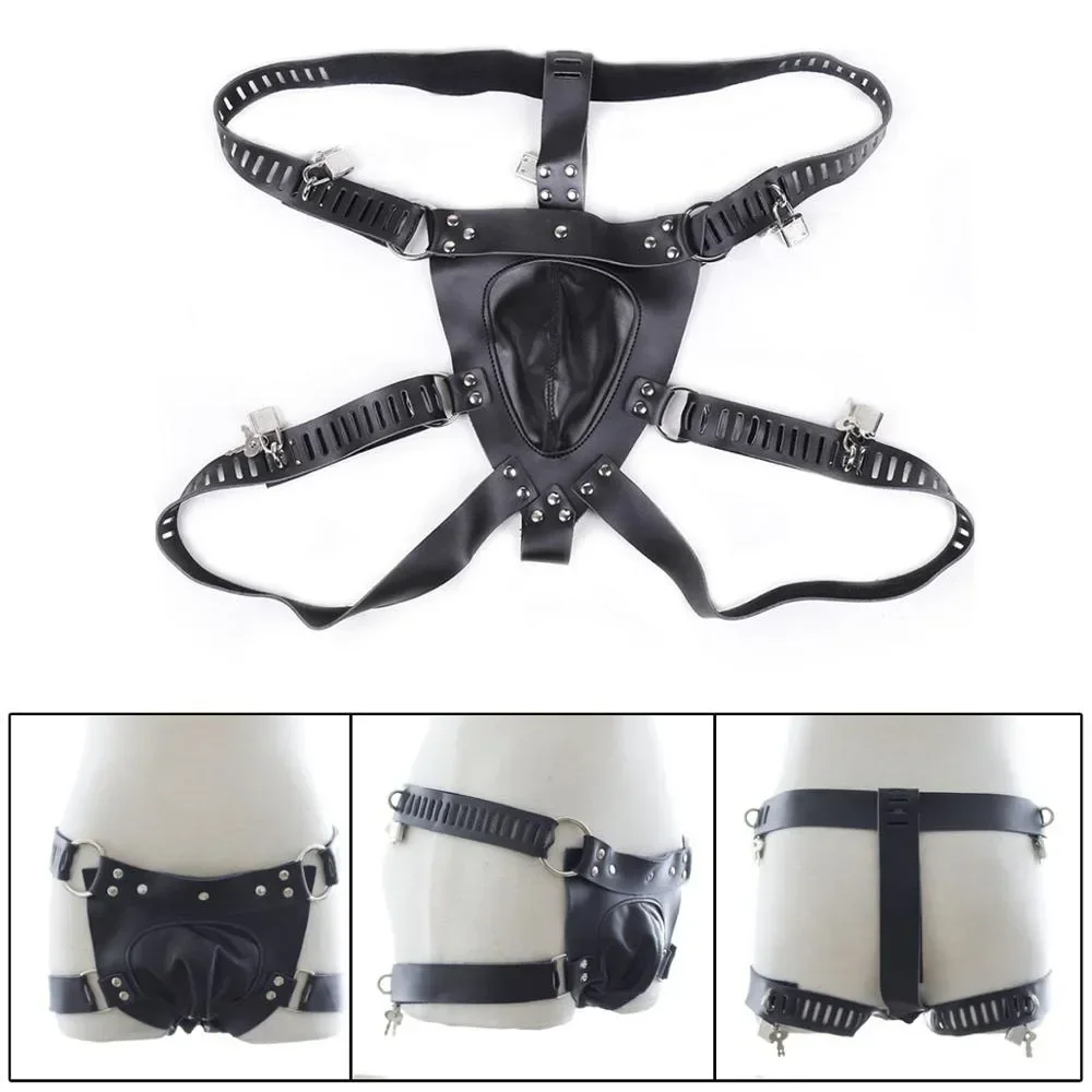 Erotic Underwear BDSM Fetish Costume Leather Harness Penis Bondage Belt Strap Punk Cock Cage Chastity Panties Sex Toys for Men