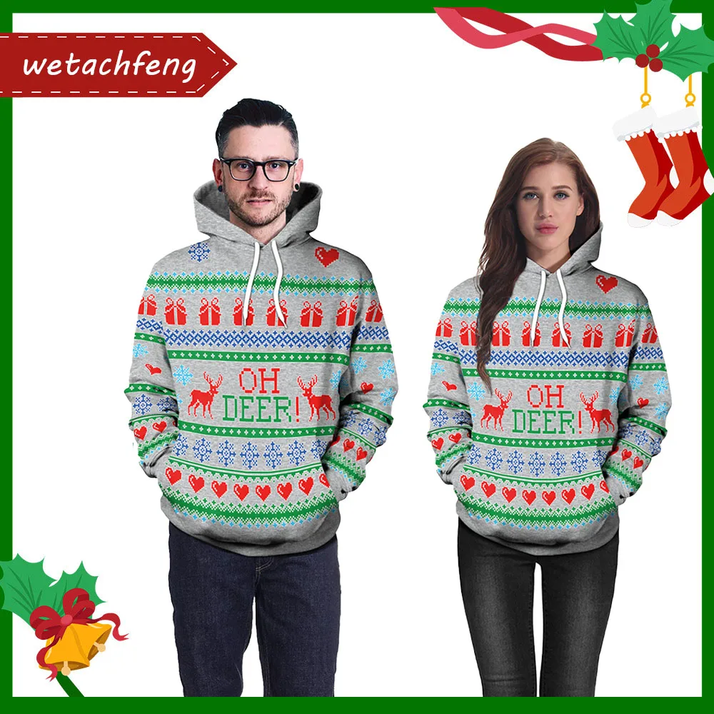 

OH DEER Men Women Reindeer Ugly Christmas Sweater Fashion 3D Printed Christmas Jumpers Hooded Sweatshirts Xmas Gift Pullovers