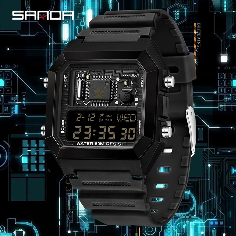 SANDA Originality Fashion Male And Female Student Electronic Watch New Square Multi Functional Countdown Gift Wrist Watches