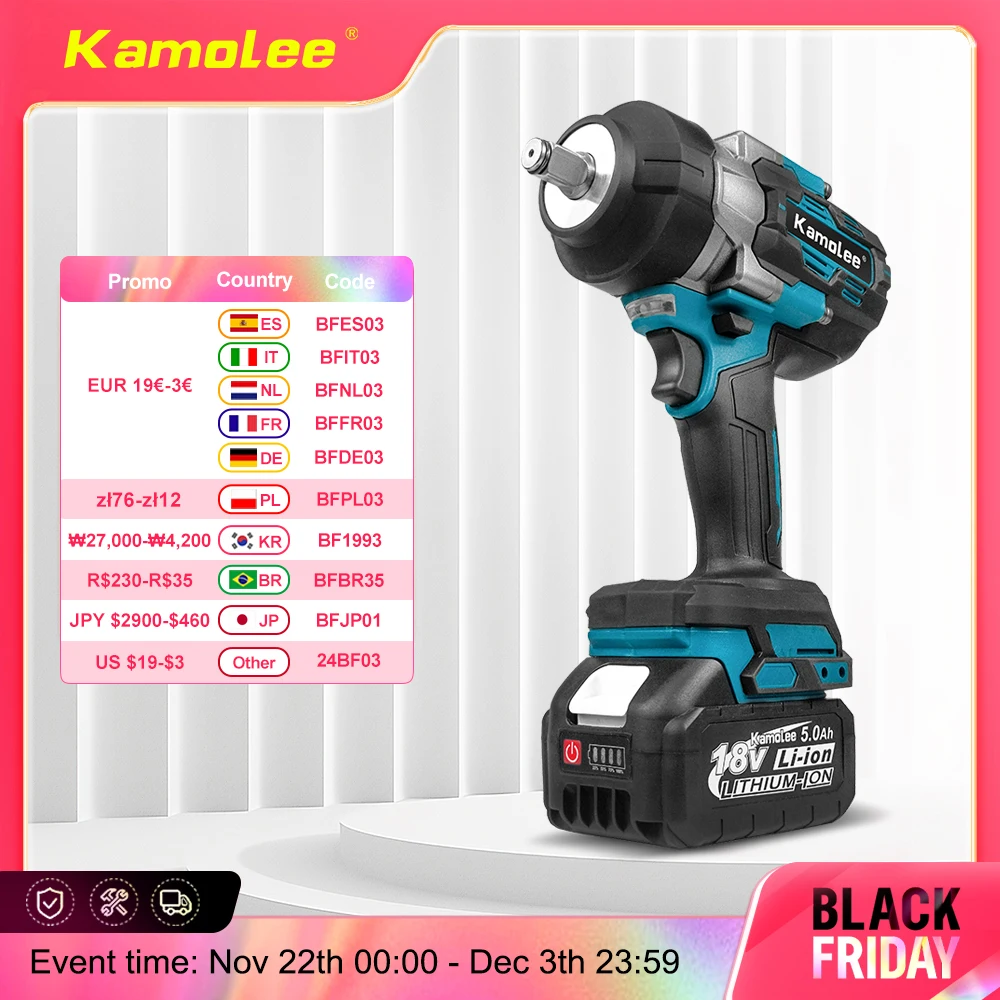 Kamolee 3100NM Brushless Electric Wrench 1/2 inch Cordless Impact Wrench Handheld Power Tool For Makita 18v Battery