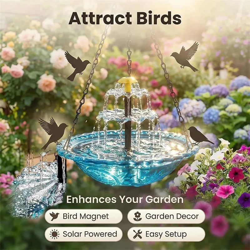 Garden Outdoor Hanging Solar Bird Bath Fountain 3-tier Hummingbirds Decorative Water Pond Decoration Funny Pet Accessories Gifts
