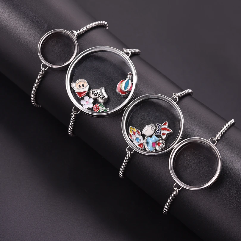 1Pc 15-30mm Round Flotantes Ashes Holder Medallon Pendant Bracelet Stainless Steel Glass Reliquary Locket Men Pulsera Jewelry