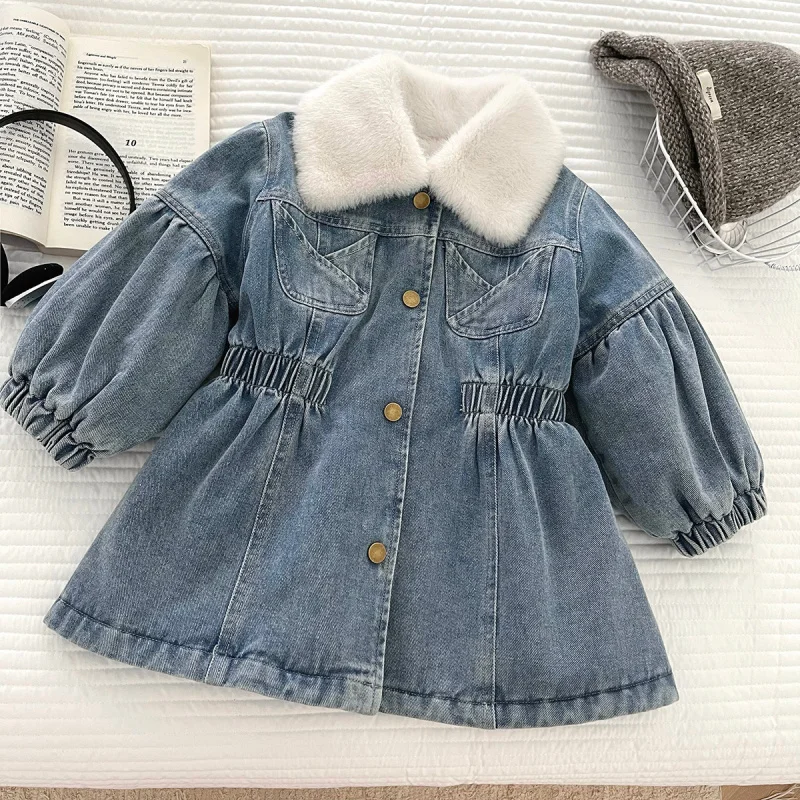 

2025Children's Winter New Girls' Denim Dress Children's Fleece-Lined Mid-Length Denim Skirt6573